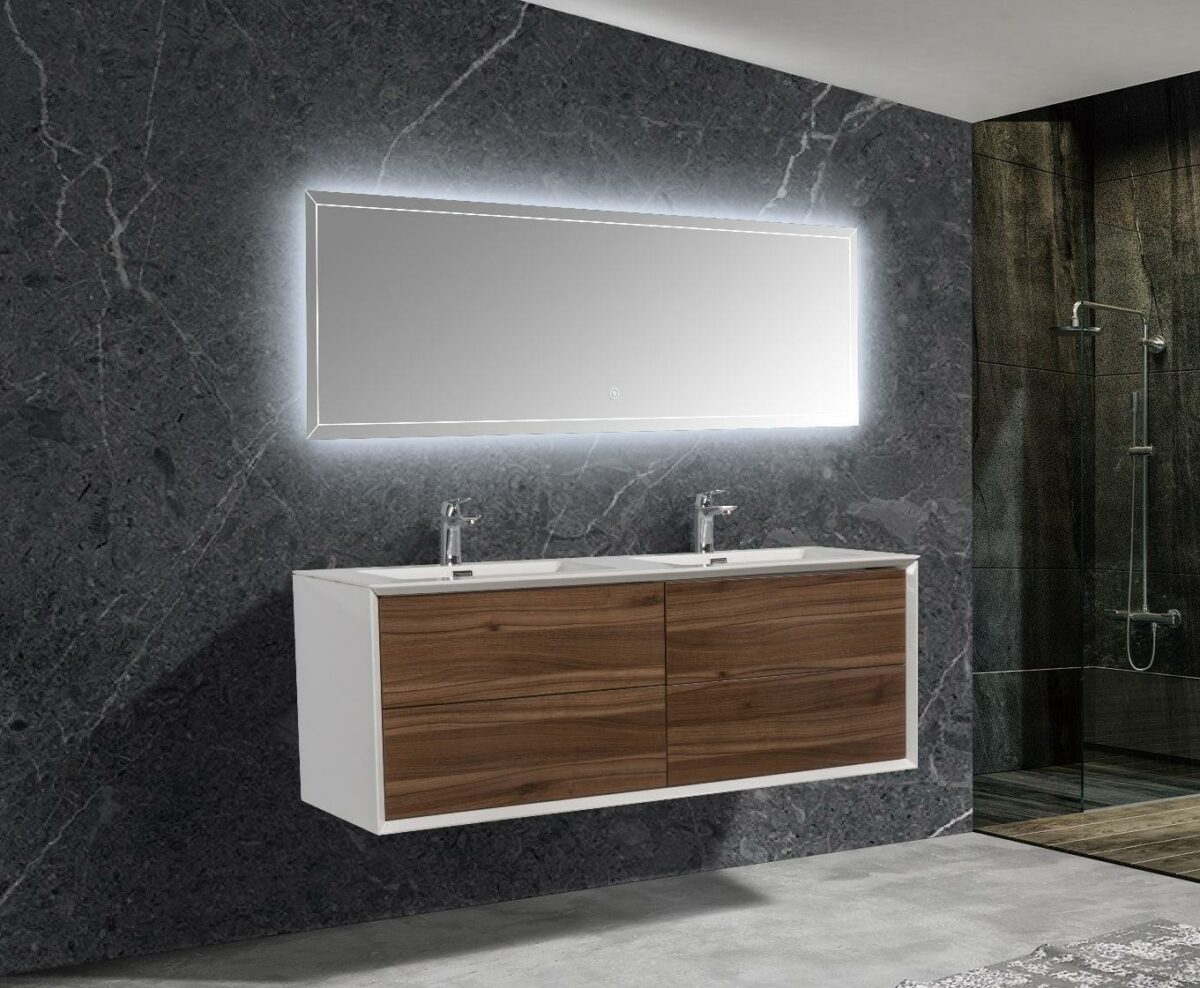 60" Walnut Wall Mount Double Sink Bathroom Vanity with White Polymarble Countertop Fleur - Image 1