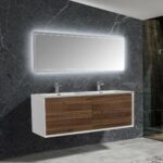 60" Walnut Wall Mount Double Sink Bathroom Vanity with White Polymarble Countertop Fleur