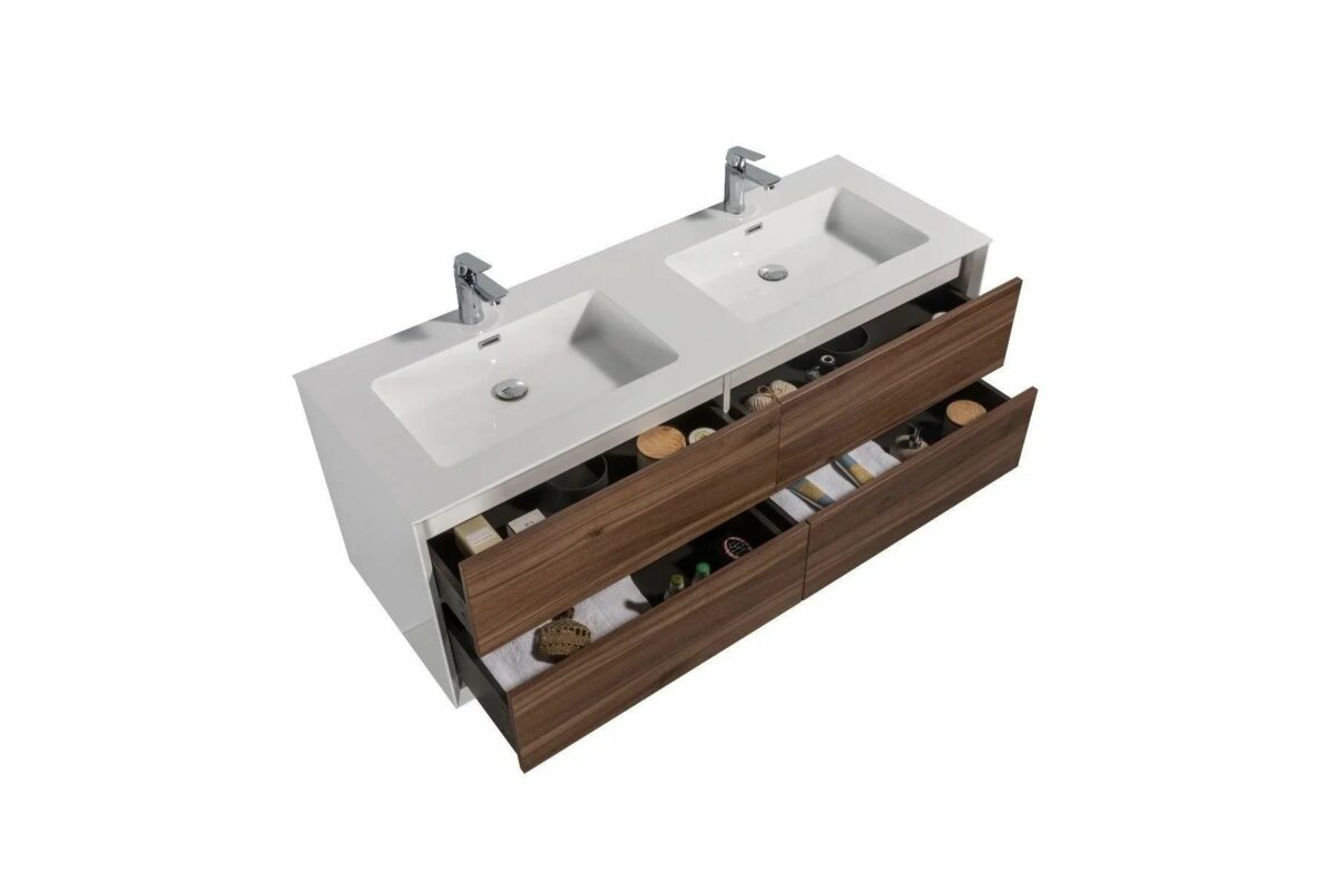60" Walnut Wall Mount Double Sink Bathroom Vanity with White Polymarble Countertop Fleur - Image 4