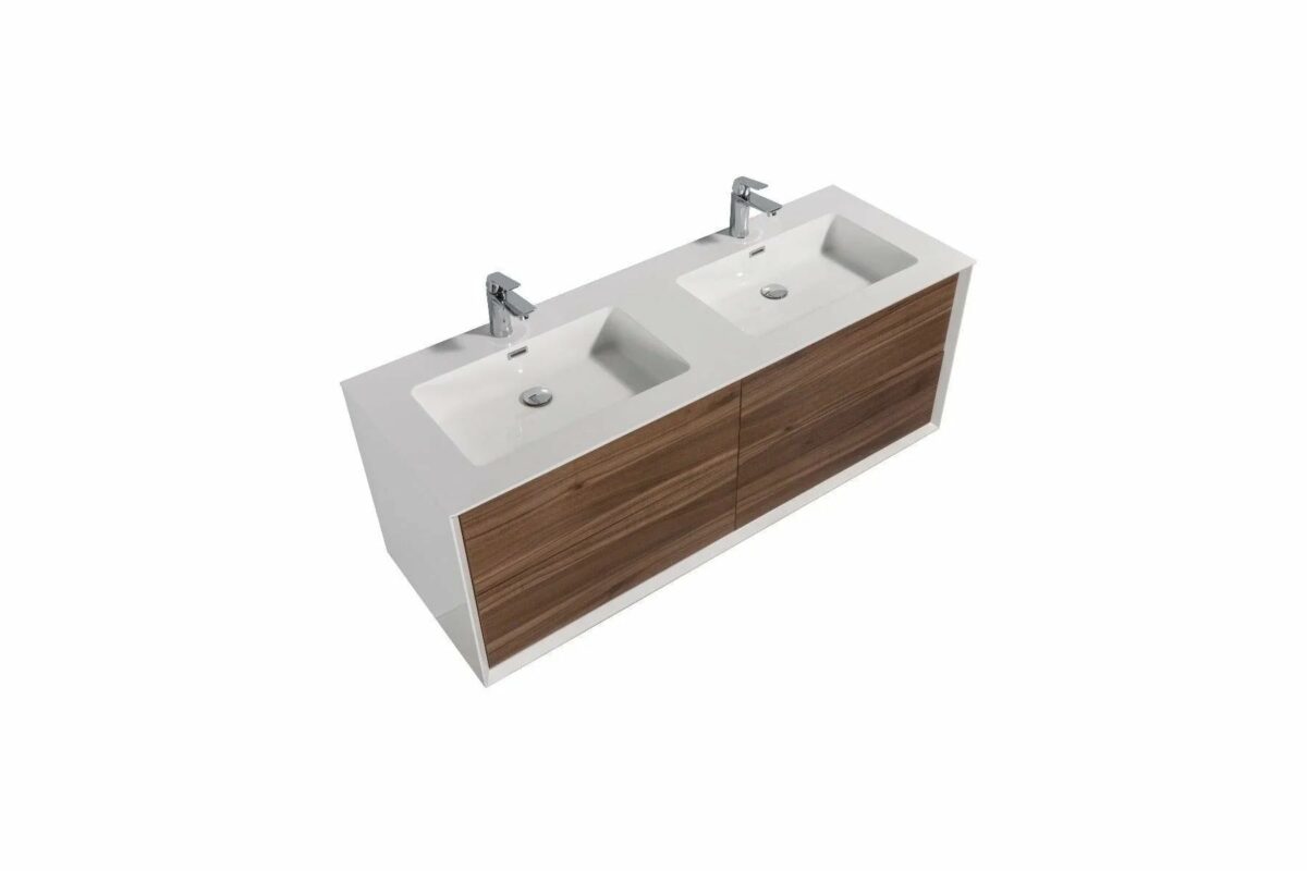 60" Walnut Wall Mount Double Sink Bathroom Vanity with White Polymarble Countertop Fleur - Image 3