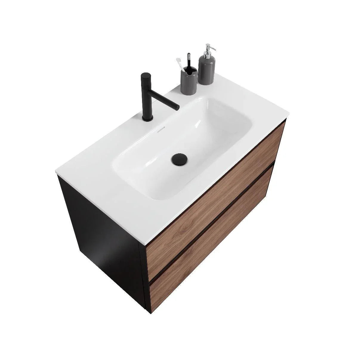 36" Walnut Wall Mount Bathroom Vanity with White Solid surface Countertop – Image 3