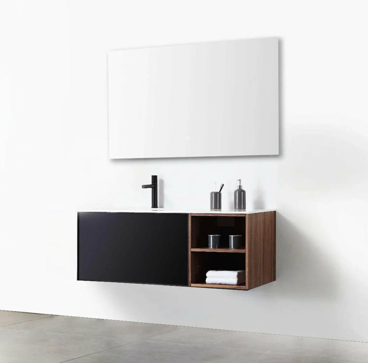 48" Walnut Wall Mount Single Sink Bathroom Vanity with White Solid surface Countertop - Image 1