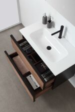 36" Walnut Wall Mount Bathroom Vanity with White Solid surface Countertop - Image 5