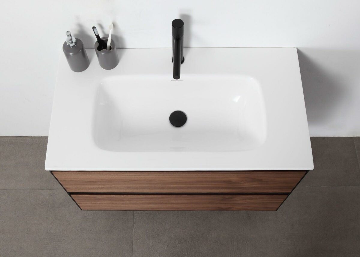36" Walnut Wall Mount Bathroom Vanity with White Solid surface Countertop - Image 4