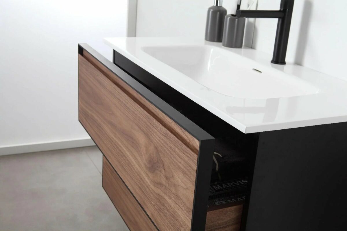 36" Walnut Wall Mount Bathroom Vanity with White Solid surface Countertop - Image 6