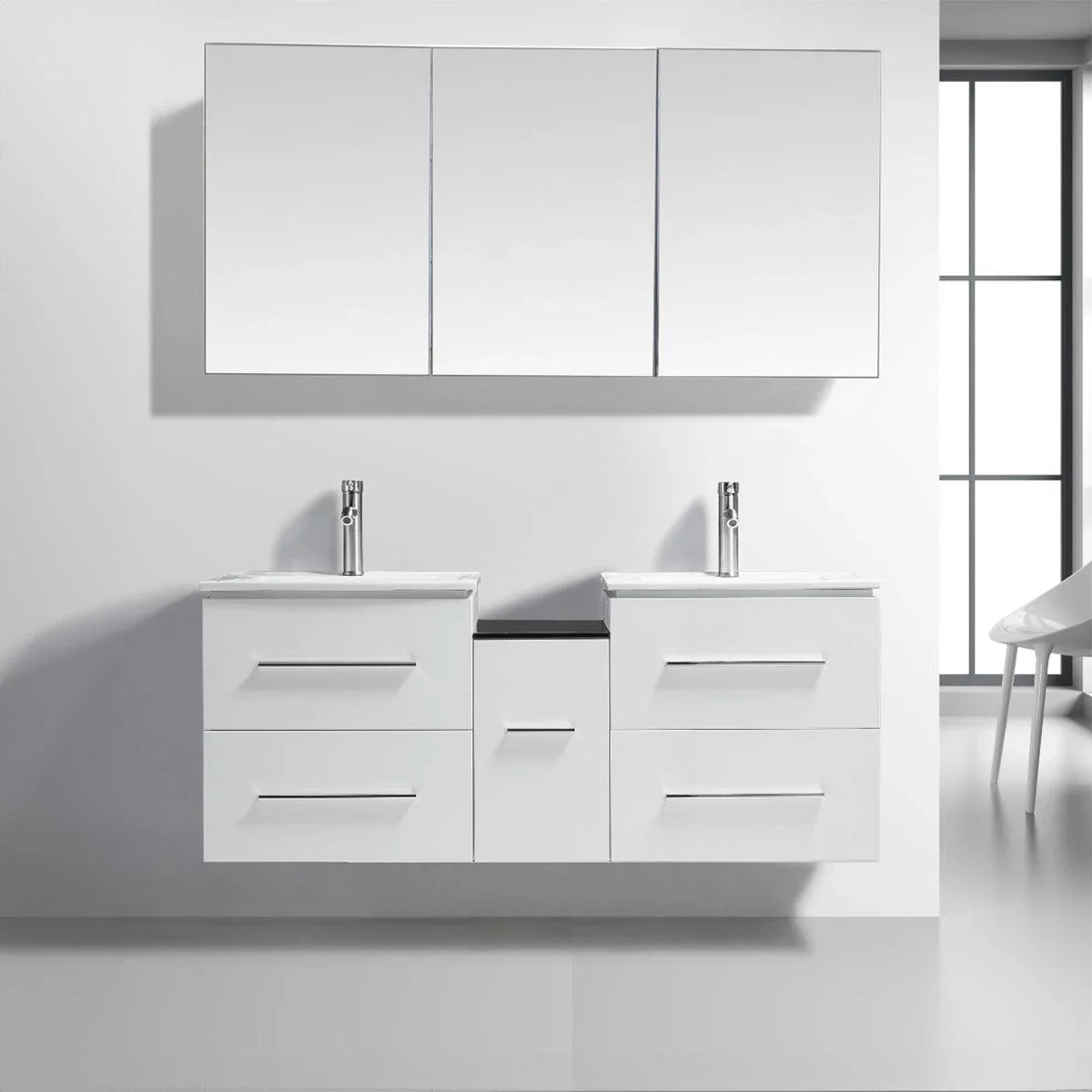 60" White Wall Mount Double Sink Bathroom Vanity with White Ceramic Countertop Jacob - Image 1
