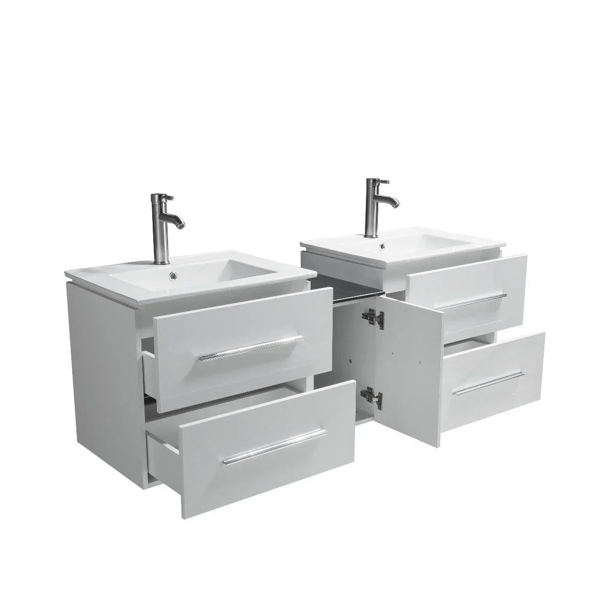 60" White Wall Mount Double Sink Bathroom Vanity with White Ceramic Countertop Jacob - Image 7
