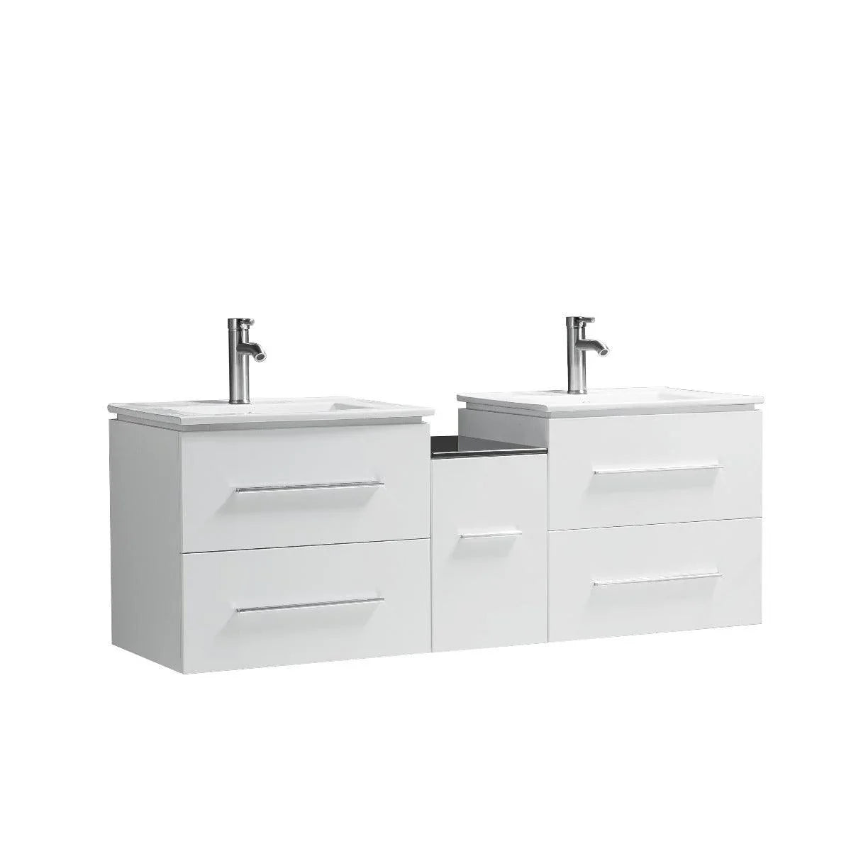 60" White Wall Mount Double Sink Bathroom Vanity with White Ceramic Countertop Jacob - Image 2