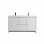 60" Glossy White Freestanding Double Sink Bathroom Vanity with White Polymarble Countertop - Image 3