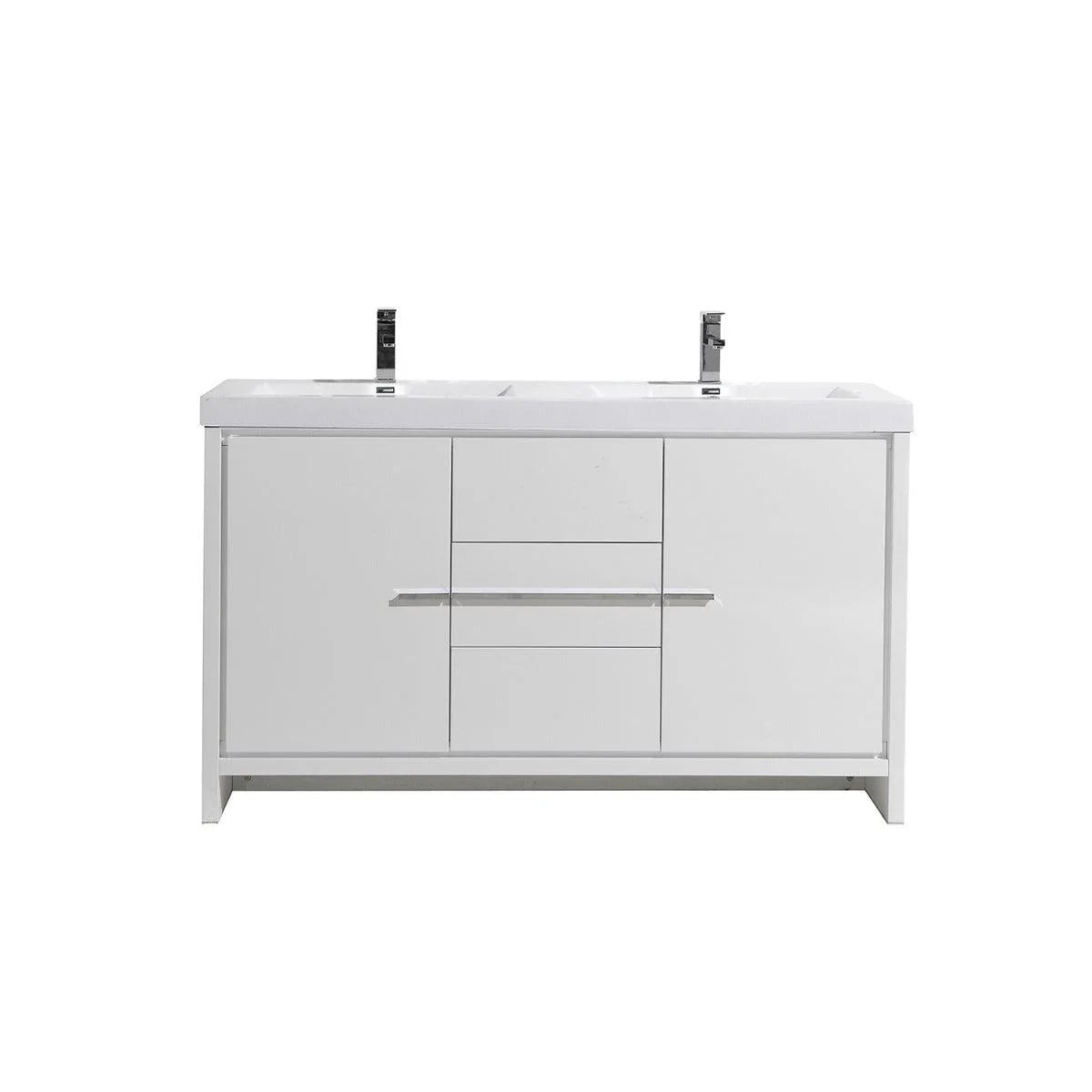 60" Glossy White Freestanding Double Sink Bathroom Vanity with White Polymarble Countertop – Image 3