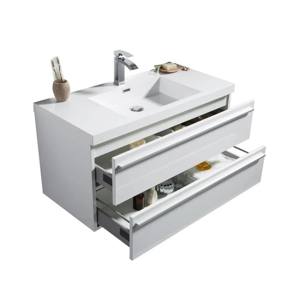 36" White Wall Mount Bathroom Vanity with White Polymarble Countertop Sofia - Image 3