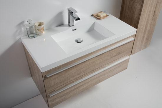 36" Soft Oak Wall Mount Bathroom Vanity with White Polymarble Countertop Sofia – Image 3