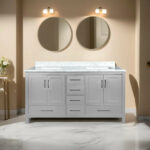 60" Light Grey Freestanding Double Sink Bathroom Vanity with Calcutta Quartz Countertop