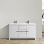 60" Glossy White Freestanding Double Sink Bathroom Vanity with White Polymarble Countertop