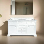 60" White Freestanding Double Sink Bathroom Vanity with Carrera Marble Countertop Milan