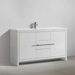 60" Glossy White Freestanding Single Sink Bathroom Vanity with White Polymarble Countertop