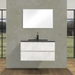 36" Grey Wall Mount Bathroom Vanity with Black Engineered Quartz Countertop
