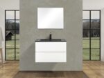 30" White Wall Mount Bathroom Vanity with Black Engineered Quartz Countertop