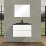 30" White Wall Mount Bathroom Vanity with Black Engineered Quartz Countertop