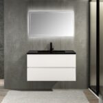 36" White Wall Mount Bathroom Vanity with Black Engineered Quartz Countertop